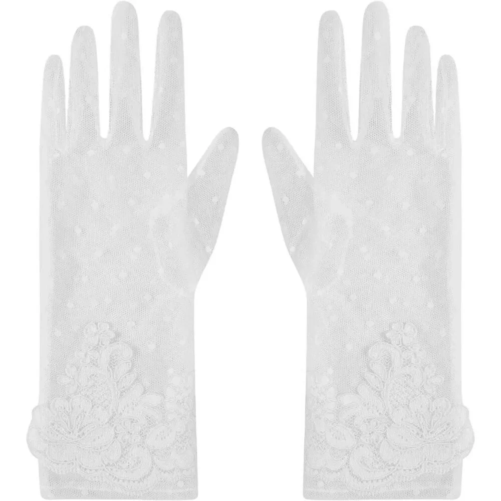 Women's Lvory 01 Short Floral Lace Gloves Sheer Mesh Bridal Wedding Party Prom